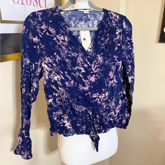 cooper & ella Tops - cooper & ella Navy Floral Tie-Front Blouse